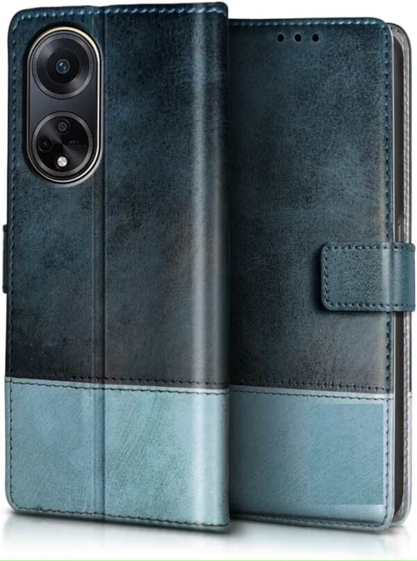Flip Case Back Cover for Oppo F23 5G | Hand Stitched Leather Finish | Card Pockets Wallet & Stand | Blue with Aquamarine